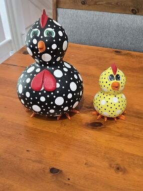 Polka Dot Chicken Figurines - Black, White, Red, And Yellow Gourd Folk Art *flaw